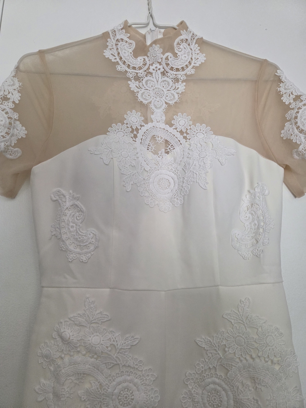 Ivory Cream Guipure Lace Illusion Neck Wide Leg Bridal Jumpsuit w/ Pockets Small - Picture 3 of 6